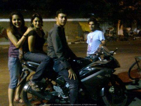 Biking (or maybe we should say posing) in Pondicherry at 2 AM in the night - With Kakoli, Sugandh and Puneet